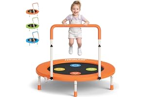 JOY SPOT! 3FT Kids Trampoline with Adjustable Handle, 36” Foldable Mini Trampoline for Ages 1-6, ASTM Certified Indoor Rebounder, Geometric Jumping Mat, No-Gap Silent Elastic Bands, Max Load 100 lbs