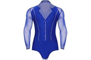 inlzdz Costumi Prestazioni Uomo Camicia da Latino Moderno Slim Fit Vestito con Strass Danza Uomo Body da Ballo Tango Samba Rumba Pratica Prestazione