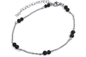 AH! JEWELLERY HH Jewellery Black Lava Bead Anklet Slim Stainless Steel Chain with 4mm Stone Beads - Adjustable Size : 9-11 inches
