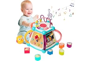 HOMCENT Motorikwürfel Aktivitätswürfel Kinderspielzeug 7 in 1 mit Vogelfang und fütterung, Trommel und Klavier, Formensortierer, Montessori Musik Spielzeug Geschenk für Mädchen Jungen