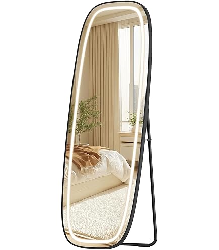 HOMCOM Ganzkörperspiegel, 150 x 40 cm Standspiegel mit LED-Beleuchtung, 3 Lichtfarben, Wandspiegel mit Ständer, Touch-Schalter, für Schlafzimmer, Wohnzimmer, Schwarz