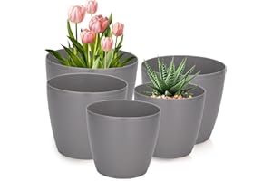PECZEKO Lot de 5 Pots Brillants pour Fleurs et Plantes, 12/13/15/18/21 cm, en Plastique pour Grandes et Petites Plantes, Pot à Herbes, Gris