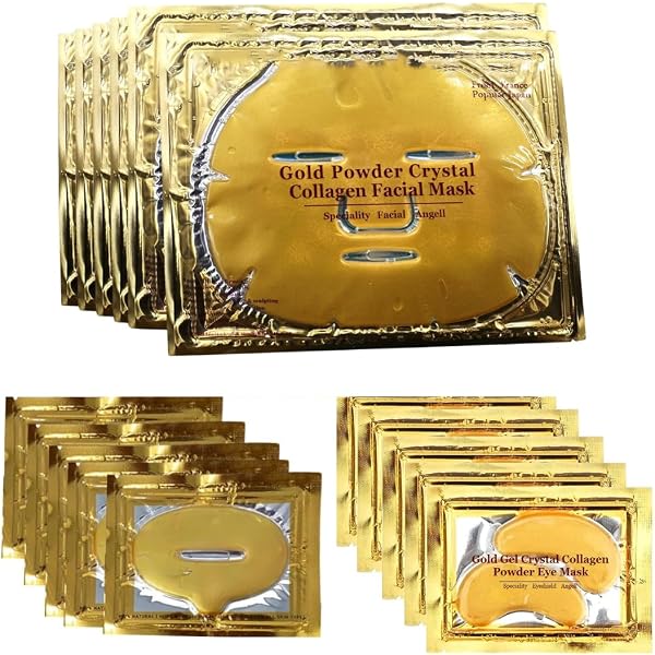 24K Gold Kollagen Augen- & Lippenmasken Set - 10 Paar Augenmasken + 10 Lippenmasken, Anti-Aging Pflege