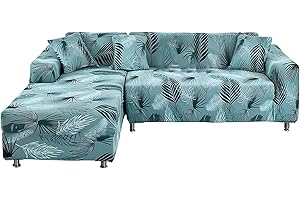 Lydevo Copridivano con Penisola Elasticizzato,Copridivano Angolare a Sinistra/Destra Universale con 2 Federi,Fodere Divano Penisola Forma di L,Chaise Longue Sofa Cover(3+4,Foglie Blu)