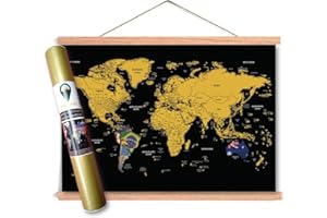 Global Walkabout Scratch Off Map with Flags Background and Wooden Poster Frame Mount in Tube – Deluxe Travel Size World Map Poster with Frame and Leather Strap – Travel Gift (Black)