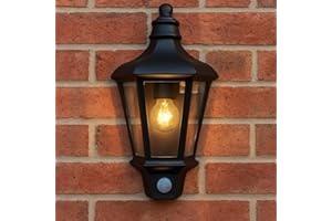CGC LIGHTING CGC Black Outdoor Wall Light Lantern Traditional Vintage Half Wall Flush Mount E27 Mains Power Motion Sensor (Large Half Wall PIR)