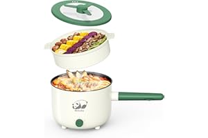 MIHOHO Electric Hot Pot with Steamer, Portable Nonstick Frying Pan with Dual Power Control, Electric Shabu Shabu Cooker for Noodle, Oatmeal, Pasta, Ramen, 1.5L (Green)