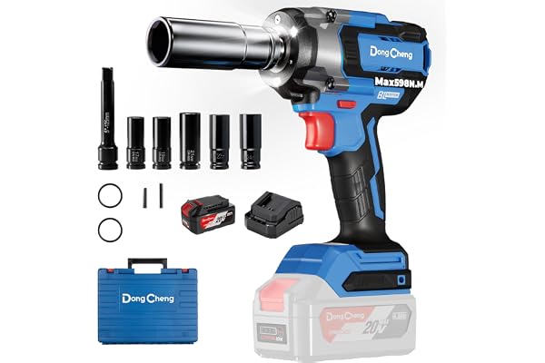 Clé à chocs sans fil Dong Cheng 18V sans balais, 598 Nm, 1/2 pouce, 4 vitesses & mode intelligent, avec 5 douilles de choc, un prolongateur, une batterie 4000 mAh et un coffret de rangement