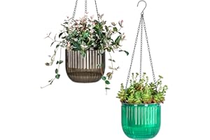 Josteve 6.5 Inch 2 Pcs Self Watering Hanging Planters Indoor Plant Pots with Drainage Holes, Outdoor Hanging Flower Pot Basket Visible Water Level, Plant Hanger Home Decor, Gardening (Emerald & Grey)