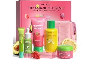 Hudvårdsset för tonåringar tjejer och killar – daglig rutin i 5 steg med ansiktsrengöring, återfuktande ansiktsvatten, lyster-serum, ögonkräm och lätt gelkräm för fet, torr och ojämn tonårshud