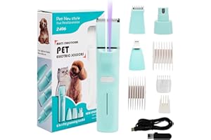 Dufuso Leise Schermaschine Katze Set, 4 in 1 Haarschneidemaschine Mit LED-Licht, Profi Pfotentrimmer Für Hunde, Für Große Kleine Katzen Hunde, Für Pfoten, Augen, Ohren, Gesicht, Körpe (Grün)