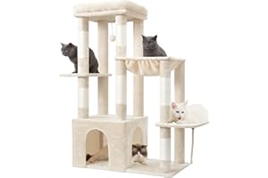 Heybly Drapak 120 cm – duże drzewko dla dorosłych kotów z podstawą XL, mieszkanie dla kota z wielopoziomowymi pluszowymi meblami, deską do drapania, hamakiem i piłką do zabawy, beżowy HCT026M
