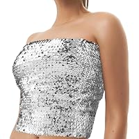 Canottiera da donna girocollo senza maniche con paillettes per feste scintillanti, nero, Taglia Unica