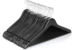 PANZY HOME 20 Wooden Hangers, Coat Hangers, Clothes Hangers, with Shoulder Notches, Trousers Bar, 360° Swivel Hook, for Suits, Shirts, Coats, Natural Pack of 20 (20 Pack Black)