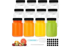 FoiiLiio 12 Bottigliette di Vetro Piccole da 2oz/60ml, Bottiglie di Succo di Vetro Trasparente Riutilizzabile per Succo, Zenzero, Spezie, Mini Bottiglie Portatili da Viaggio con Bocca Larga