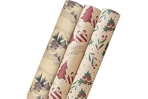 Bseical Papel Regalo Navidad, Papel De Regalo Rollo Grande, Envolver Regalos Navideño, Rollo Papel Kraft Navideña, Set De Papel Embalaje De Regalo Retro Clásicos Reciclable Vintage 3pcs Kit