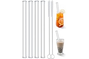 Realure 4 Pcs Pajitas Bubble Tea, 14mm Extra Ancha de Cristal Reutilizables, Transparentes de Vetro Rectas 215mm Con Cepillitos, Para Bubble Tea, Cócteles, Batidos, Jugo