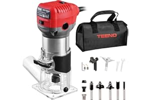 TEENO Affleureuse à Bois Défonceuse Électrique 710W 13000-33000 RPM,Affleureuse Défonceuse Avec 5 Fraises à Défoncer Queue de 1/4",6 Vitesses Variables, Housse Anti Poussière,3 Pinces de 6/6.35/8mm