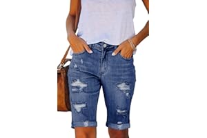 Necooer Damen Casual Ripped Denim Shorts Mittlere Taille Cropped Jeanshose mit Taschen