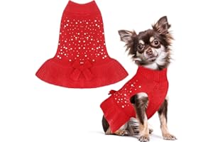 HRTTSY Small Dog Jumper Dress with Harness Hole Red Bling Diamond Puppy Sweater Vest Cute Girl Dog Clothes Outfits for Small Medium Dogs Cats Warm Fall Winter Pet Knitwear Pullover Coats, Small