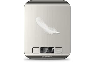 CROWNFUL Bilancia da Cucina Digitale, acciaio inossidabile, Grande Display LCD, Capacità 5 kg, multifunzione Bilancia Cucina 5 unità con funzione tara, Argento