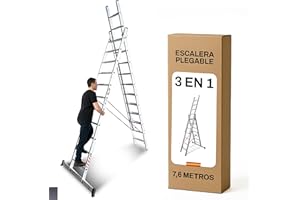 NAWA HOME & WORK BTF | Escalera de Aluminio 3 Tramos 3,0 MTS, 11 peldaños x Tramo | Escalera Plegable Transformable y Extensible | Altura alcanzable Aprox. 7,5 Metros | Certificada EN131 - Carga 150 kg. BTF-ETTB6730