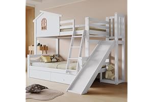 Laxnb Kinderbett Bett 90x200 & 120x200 cm Etagenbett 2 Kinder, Hochbett mit Leiter und Rutsche, Hausbett mit Stauraum 2 Schubladen, Holzbett Kinderbett mit Rausfallschutz, Ohne Matratze, Weiß