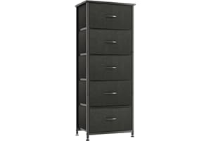 ‎CAIYUN Kommode Schmal, Schubladenschrank, Aufbewahrungsschrank mit 5 Schubladen aus Stoff, Hoch und Schmale Holztop Komodenschrank Sideboard Möbel für Schlafzimmer/ Wohnzimmer/ Flur/ Kinderzimmer, Schwarz
