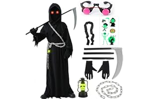BITOWO Deguisement Faucheuse Enfant Halloween Costume Faucheuse Enfant Cape Halloween Garcon 5-14 ans Déguisement Faucheuse Cape Robe Noire Halloween Cosplay Accessoire Faucheuse Faucille Chaine Halloween