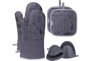 ‎FOREPIN Ofenhandschuhe, Anti-Rutsch Topfhandschuhe Hitzebeständige 260°C mit Topflappen und Mini Ofen Mitt, Kochhandschuhe Grillen Backhandschuhe für Backen, Kochen, 6er Set