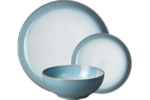 Denby - Azure Blue Dinner Set For 4 - 12 Piece Ceramic Tableware Set Blue, White - Dishwasher Microwave Safe Crockery Set - 4 x Dinner Plate, 4 x Small Plate, 4 x Cereal Bowl