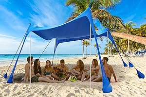 Hozzen 10×10FT Beach Tent Sun Shelter - UPF50+ Beach Canopy with 8 Sandbags for 6-8 People, Portable Outdoor Canopy for Beach Camping/Fishing/Picnic with 12 Ground Pegs/Sand Shovel/4 Windproof Ropes