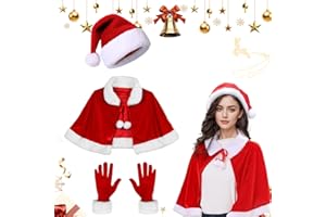 YISKY Weihnachten Santa Umhang, Weihnachtsmantel Rot+Weihnachten Handschuhe+Weihnachtsmann Mütze, Weihnachtsmantel Cape Damen, Weihnachtsumhang, Weihnachtsmann Umhang, für Karneval Cosplay Party (L)