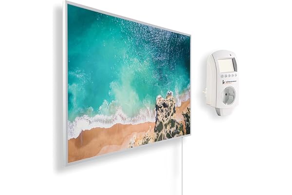 Könighaus infravärme med motiv – 300 Watt + smart termostat och Könighaus-app – energisnål infravärmare med bildmotiv för väggmontering – – vit ram (15. Paradisstrand 2)