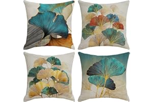 KSSKEN Federe Cuscini Divano 45x45cm, 4 Pack Ginkgo Biloba Fodere Cuscino per Divano Cotone Biancheria Decorativi Copricuscini per Divano Soggiorno Sedia Letto