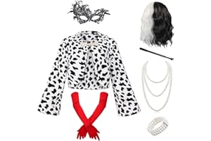 Miulruma Cruella Kostüm für Damen Deluxe Set Cruella Deville Perücke Jacke Handschuhe Cruella Holder Perlenkette für Halloween Mottoparty Karneval Kostüm für Frauen Mädchen
