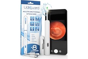 UDIVITA Ear Wax Removal Kit with Camera 1920p 3,6mm WiFi Otoscope - UdiGuard Digital Waterproof Ear Cleaner with 6 LED Lights 8 Ear Spoons for Adults Kids Animals - Compatible with iPhone iPad Android White