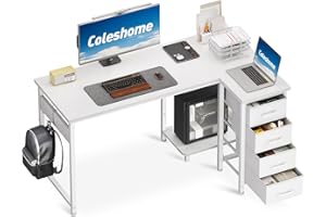 Coleshome Biurko narożne, 120 x 70 cm, biurko w kształcie litery L z 4 szufladami, odwracalny stół roboczy do biura/sypialni, biały