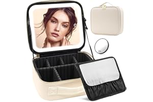 HMGGOOFA Portable Travel Makeup Case with Lighted Mirror, 3 Color Adjustable Brightness, Beige