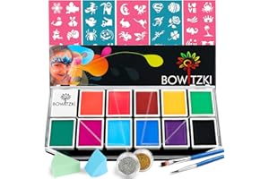 Face Paint Kit, Bowitzki 12 Vibrant Colors 2 Glitter 2 Brushes 40 Stencils 2 sponges,Non Toxic Hypoallergenic Water Based FDA Compliant Professional Halloween Makeup Painting Set for Kids