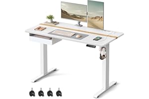 VASAGLE Escritorio Regulable en Altura, Mesa Regulable, Enchufe y Cajón, 60 x 120 cm de Encimera, Ajuste Continuo, 4 Funciones de Memoria de Altura, Blanco LSD112W01