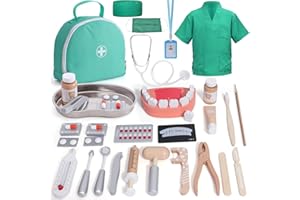 ATOYLINK Malette Docteur Enfant, Malette Dentiste Docteur Jouet en Bois avec Véritable Stéthoscope, Déguisement Docteur, Poupée de Dent, Kit Medecin Outils Jouet d'Imitation Jouet Éducatif Cadeau pour Enfant