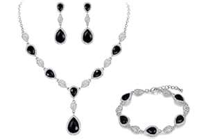 Clearine Gemstone Diamante Teardrop Wedding Bridal Costume Statement Y-Necklace Dangle Pierced Earrings Tennis Bracelet Set for Women