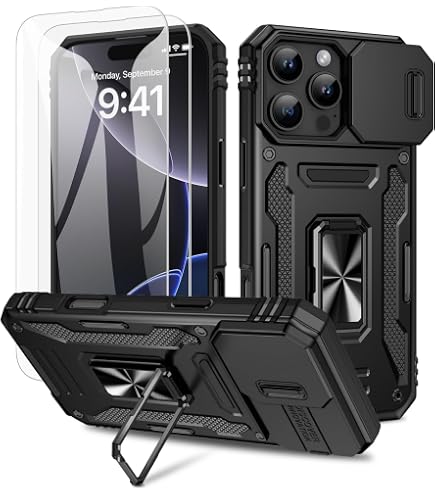 Cover Per IPhone 16 Pro Max Con Supporto A 360° E Copri-fotocamera Scorrevole – Include 2 Vetri Temperati, Grado Militare, Nero