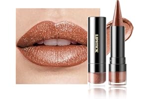 LESTPOLA Rouge a Levre Pailleté Métallique, Rouge à Lèvres Marron Brillant Mat Longue Tenue Waterproof, Lip Stain Haut Pigment Sans Transfert, 2 in 1 Crayon Levre Fard a Paupiere Paillette, Maquillage Femme-01
