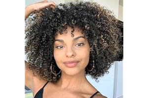 QUEENTAS Parrucche afro da 10 pollici per donne Parrucca afro riccia crespa con frangia Parrucca afro senza colla e soffici capelli sintetici (da nero a marrone)