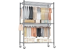 HIMIMI Double Rod Garment Rack/3 tier Clothes Rail with Height-Adjustable Shelves, Heavy Duty Clothes Rack with 2 Hooks, Clothes Rails with Wheels, 90 * 42 * 205cm, Grey