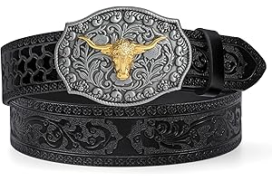 LEACOOLKEY Western Cowboy Leather Belt for Men Longhorn Bull Buckle Belt 1.5" Wide Floral Engraved Embossed Leather Belt
