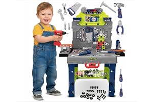 Kinderplay Barnarbetsbänk 132 TLG med verktygsset och borrmaskin, verkstad för barn från 3 år, 2-i-1 arbetsbänksväska, verkty