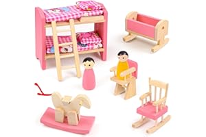 AOPIER Wooden Dollhouse Furniture Set, Miniature Furniture Dollhouse Accessories with 2 Family Dolls, Pretend Play Furniture Toys for Boys Girls & Kids Age 3+ Birthday